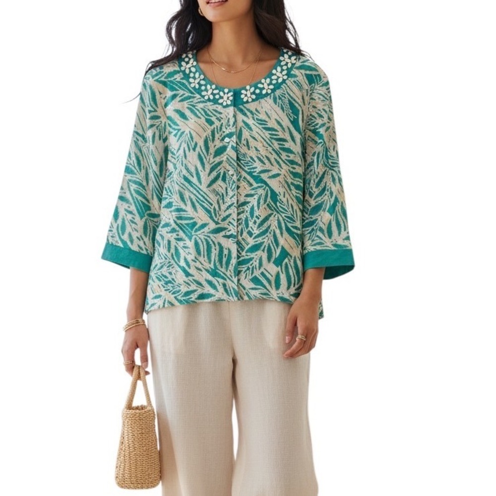 JM Collection Teal Tropical Leaf Print Linen Lightweight Casual Jacket Size 16